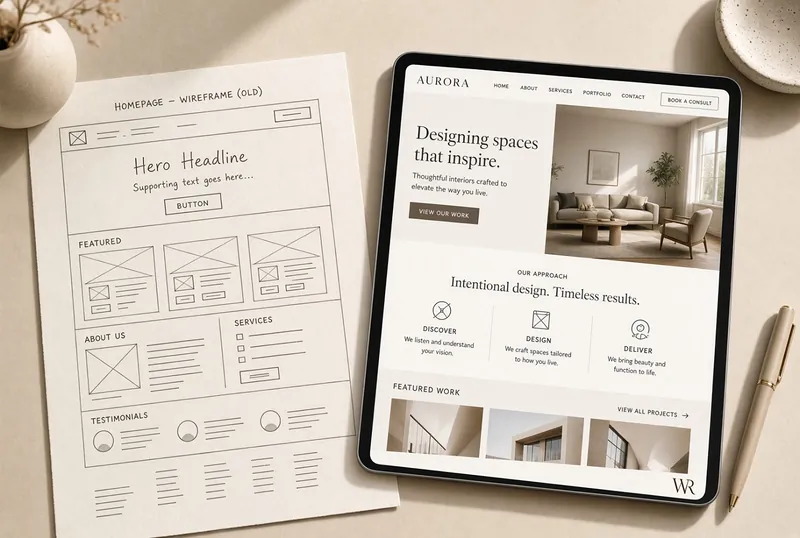 Un ancien wireframe sur papier à côté du nouveau design sur une tablette